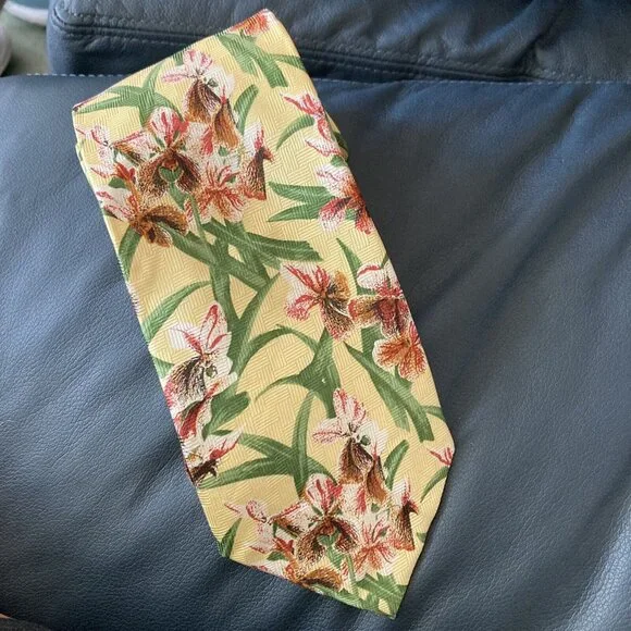 Vintage Floral Print Sopan Silk Tie Handmade Yellow Bird Of Paradise - Picture 1 of 7